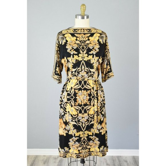 Leonard Dresses & Skirts - LEONARD PARIS VINTAGE 70'S FLORAL MIXED PRINT SWEATER KNIT BELTED DRESS